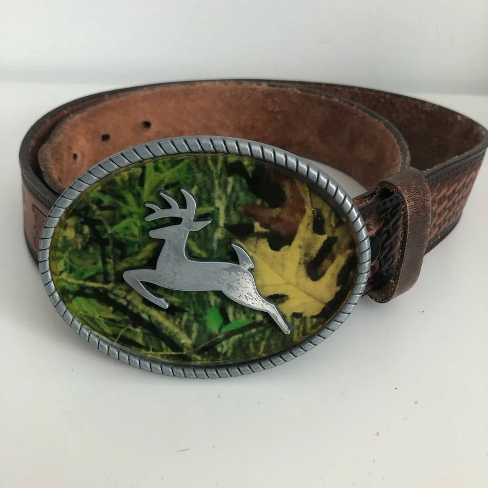 Brown Tooled Leather Belt with Camouflage Deer Buckle